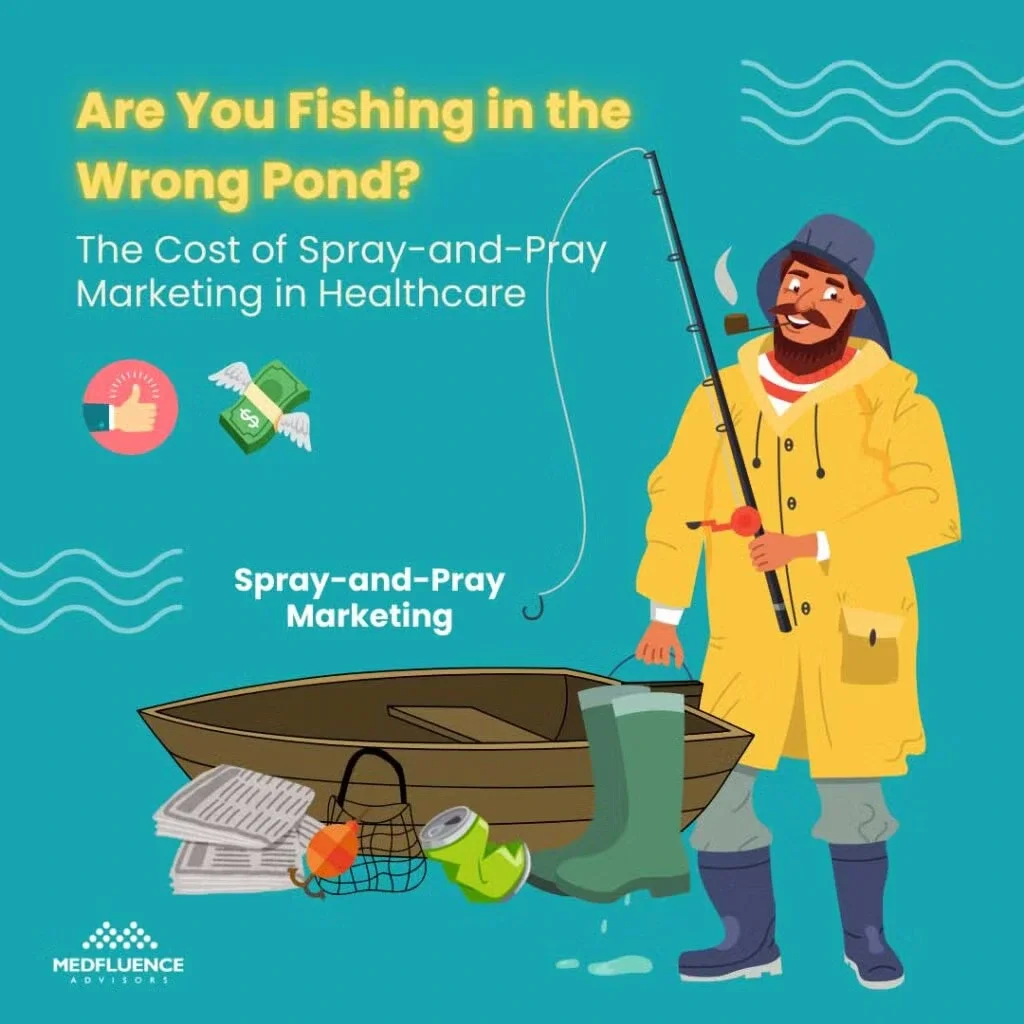 Illustration of a fisherman with a rod standing next to a boat with trash, discussing marketing in healthcare.