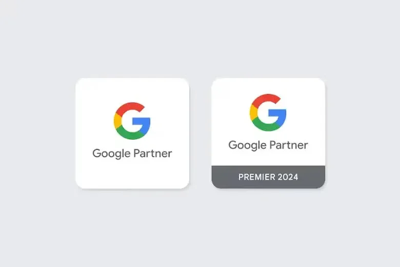 Two Google Partner badges side by side, one regular and one with "PREMIER 2024" beneath the logo.