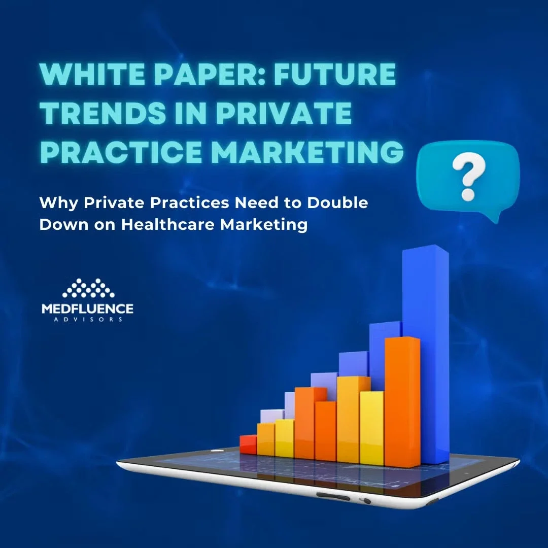 Promotional graphic with a tablet displaying a colorful bar graph, titled "Future Trends in Private Practice Marketing."