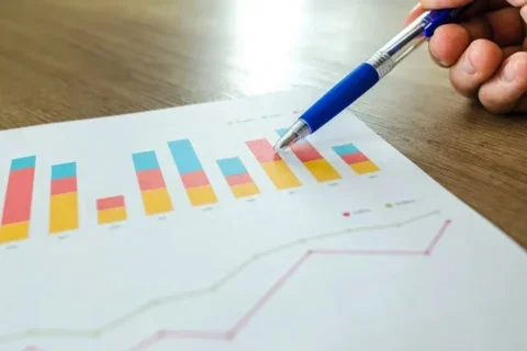 A hand holding a pen over a colorful bar graph and line chart on paper.