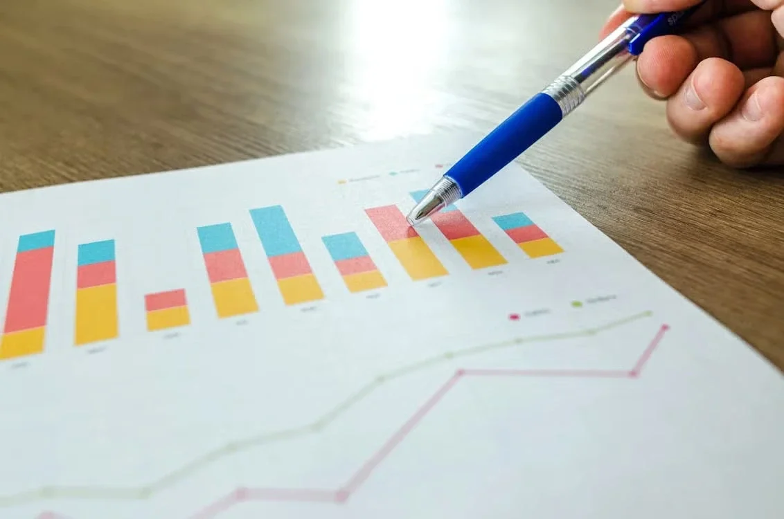 A hand holding a pen over a colorful bar graph and line chart on paper.